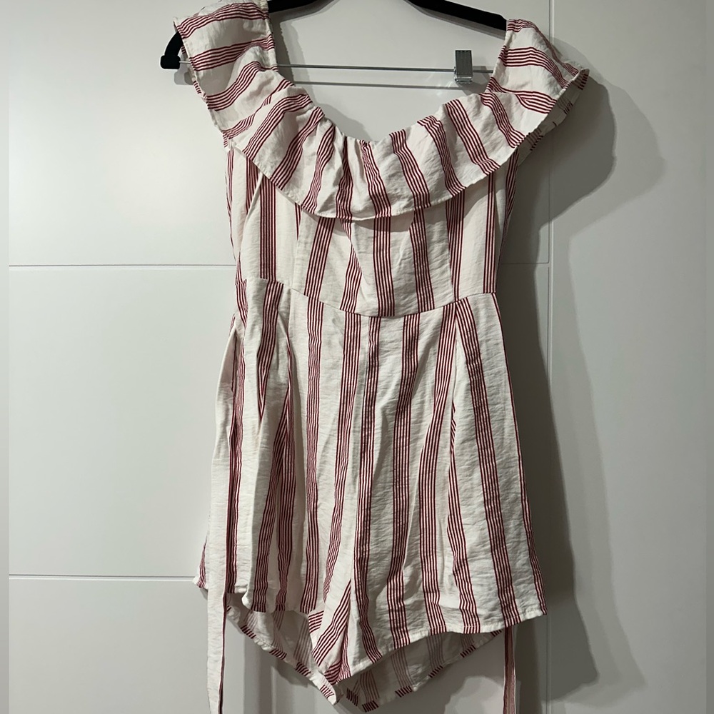 Red and White Striped Off-Shoulder Romper